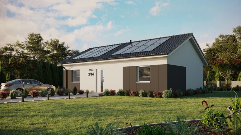 ERDOL 2 XL - Version Links (Wohnzimmer auf der linken Seite) - Satteldach ohne ausgebautem Dachboden -Dachneigung  25 Grad - Keine Dachfenster - Standard - Styropor, Netz, Kleber - Weiß - Photovoltaik-Installation 6,4 kWp (16 Paneele)