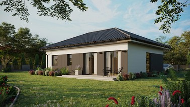 ERDOL 2 XL - Version Links (Wohnzimmer auf der linken Seite) - Walmdach ohne ausgebautem Dachboden - Dachneigung 25 Grad - Keine Dachfenster - Balkontür im Esszimmer - Styropor, Netz, Kleber - Anthrazit