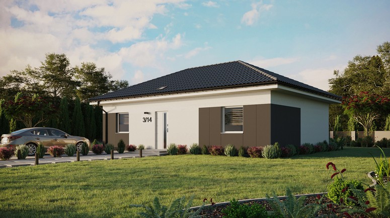 ERDOL 2 XL - Version Links (Wohnzimmer auf der linken Seite) - Walmdach ohne ausgebautem Dachboden - Dachneigung 25 Grad - Starres Tunneldachfenster - Standard - Styropor, Netz, Kleber - Weiß