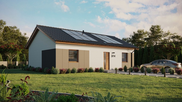 ERDOL 2 XL - Version Rechts (Wohnzimmer auf der rechten Seite) - Satteldach ohne ausgebautem Dachboden -Dachneigung  25 Grad - Starres Tunneldachfenster - Balkontür im Esszimmer - Styropor, Netz, Kleber - Goldene Eiche - Photovoltaik-Installation 4,8 kWp (12 Paneele)