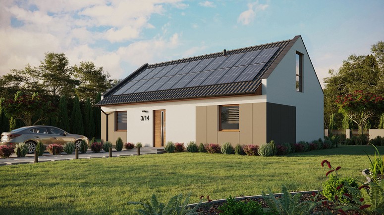 ERDOL 2 XL - Version Links (Wohnzimmer auf der linken Seite) - Modernes Satteldach mit ausgebautem Dachboden -Dachneigung  35 Grad - Keine Dachfenster - Balkontür im Esszimmer und Bodentiefes Fenster im Dachgeschoss - Styropor, Netz, Kleber - Goldene Eiche - Photovoltaik-Installation 8 kWp (20 Paneele)