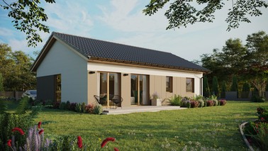 ERDOL 2 XL - Version Rechts (Wohnzimmer auf der rechten Seite) - Satteldach ohne ausgebautem Dachboden -Dachneigung  25 Grad - Keine Dachfenster - Balkontür im Esszimmer - Styropor, Netz, Kleber - Winchester - Ohne