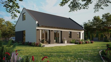 ERDOL 2 XL - Version Rechts (Wohnzimmer auf der rechten Seite) - Modernes Satteldach mit ausgebautem Dachboden -Dachneigung  35 Grad - Keine Dachfenster - Balkontür im Esszimmer - Styropor, Netz, Kleber - Anthrazit - Ohne