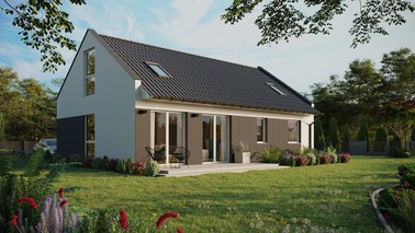 ERDOL 2 XL - Version Rechts (Wohnzimmer auf der rechten Seite) - Modernes Satteldach mit ausgebautem Dachboden -Dachneigung  35 Grad - Zwei-Zimmer-Dachfenster - Balkontür im Esszimmer und Bodentiefes Fenster im Dachgeschoss - Styropor, Netz, Kleber - Weiß - Ohne