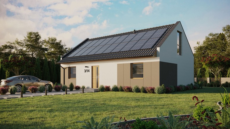 ERDOL 2 XL - Version Links (Wohnzimmer auf der linken Seite) - Modernes Satteldach mit ausgebautem Dachboden -Dachneigung  35 Grad - Zwei Zimmer-Dachfenster und ein Badezimmer-Dachfenster - Balkontür im Esszimmer und Bodentiefes Fenster im Dachgeschoss - Styropor, Netz, Kleber - Winchester - Photovoltaik-Installation 8 kWp (20 Paneele)