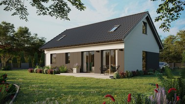 ERDOL 2 XL - Version Links (Wohnzimmer auf der linken Seite) - Satteldach mit ausgebautem Dachboden -Dachneigung  35 Grad - Zwei-Zimmer-Dachfenster - Balkontür im Esszimmer - Styropor, Netz, Kleber - Anthrazit - Ohne