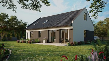 ERDOL 2 XL - Version Links (Wohnzimmer auf der linken Seite) - Modernes Satteldach mit ausgebautem Dachboden -Dachneigung  35 Grad - Dachfenster für Zimmer und Badezimmer - Standard - Styropor, Netz, Kleber - Anthrazit - Ohne