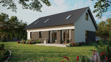 ERDOL 2 XL - Version Links (Wohnzimmer auf der linken Seite) - Satteldach mit ausgebautem Dachboden -Dachneigung  35 Grad - Zwei Zimmer-Dachfenster und ein Badezimmer-Dachfenster - Standard - Styropor, Netz, Kleber - Anthrazit - Ohne