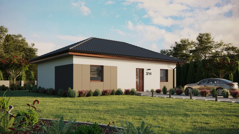 ERDOL 2 XL - Version Rechts (Wohnzimmer auf der rechten Seite) - Walmdach ohne ausgebautem Dachboden - Dachneigung 25 Grad - Keine Dachfenster - Standard - Styropor, Netz, Kleber - Nusbaum