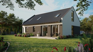 ERDOL 2 XL - Version Links (Wohnzimmer auf der linken Seite) - Modernes Satteldach mit ausgebautem Dachboden -Dachneigung  35 Grad - Zwei Zimmer-Dachfenster und ein Badezimmer-Dachfenster - Balkontür im Esszimmer und Bodentiefes Fenster im Dachgeschoss - Styropor, Netz, Kleber - Anthrazit - Photovoltaik-Installation 8 kWp (20 Paneele)