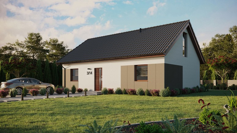 ERDOL 2 XL - Version Links (Wohnzimmer auf der linken Seite) - Satteldach mit ausgebautem Dachboden -Dachneigung  35 Grad - Keine Dachfenster - Balkontür im Esszimmer und Bodentiefes Fenster im Dachgeschoss - Styropor, Netz, Kleber - Nusbaum - Ohne