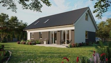 ERDOL 2 XL - Version Links (Wohnzimmer auf der linken Seite) - Satteldach mit ausgebautem Dachboden -Dachneigung  35 Grad - Dachfenster für Zimmer und Badezimmer - Standard - Styropor, Netz, Kleber - Weiß - Ohne