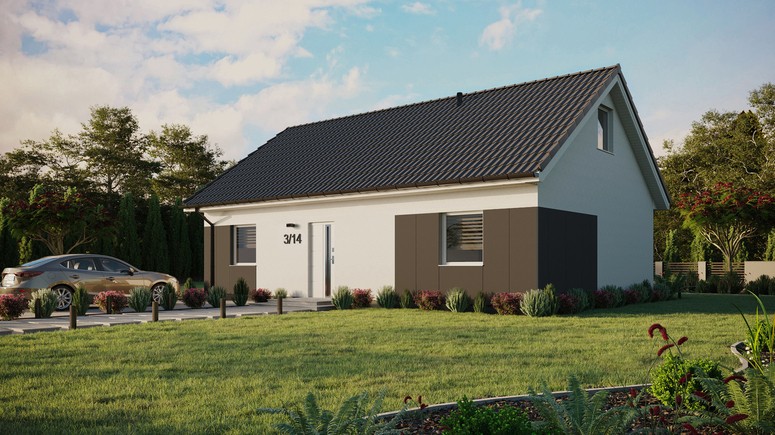 ERDOL 2 XL - Version Links (Wohnzimmer auf der linken Seite) - Satteldach mit ausgebautem Dachboden -Dachneigung  35 Grad - Keine Dachfenster - Standard - Styropor, Netz, Kleber - Weiß - Ohne