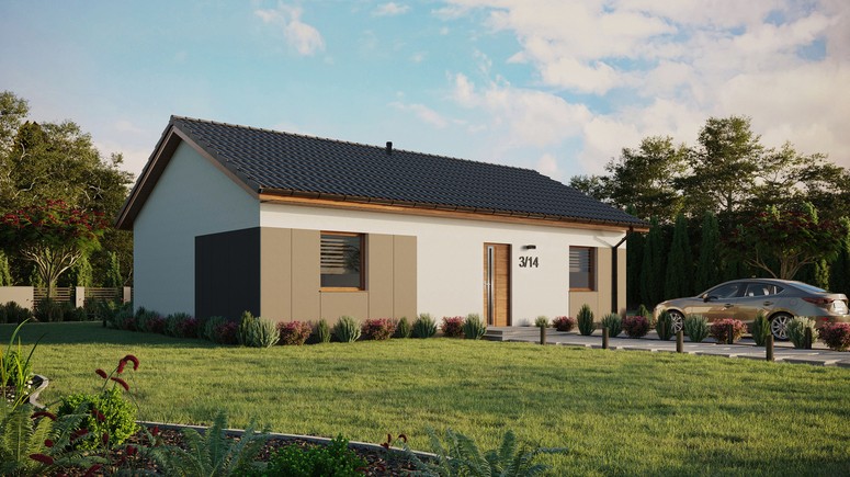 ERDOL 2 XL - Version Rechts (Wohnzimmer auf der rechten Seite) - Satteldach ohne ausgebautem Dachboden -Dachneigung  25 Grad - Keine Dachfenster - Standard - Styropor, Netz, Kleber - Goldene Eiche - Ohne