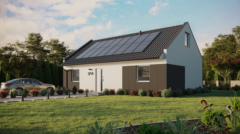 ERDOL 2 XL - Version Links (Wohnzimmer auf der linken Seite) - Modernes Satteldach mit ausgebautem Dachboden -Dachneigung  35 Grad - Keine Dachfenster - Standard - Styropor, Netz, Kleber - Weiß - Photovoltaik-Installation 6,4 kWp (16 Paneele)