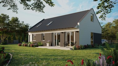 ERDOL 2 XL - Version Links (Wohnzimmer auf der linken Seite) - Modernes Satteldach mit ausgebautem Dachboden -Dachneigung  35 Grad - Dachfenster für Zimmer und Badezimmer - Balkontür im Esszimmer - Styropor, Netz, Kleber - Weiß - Ohne