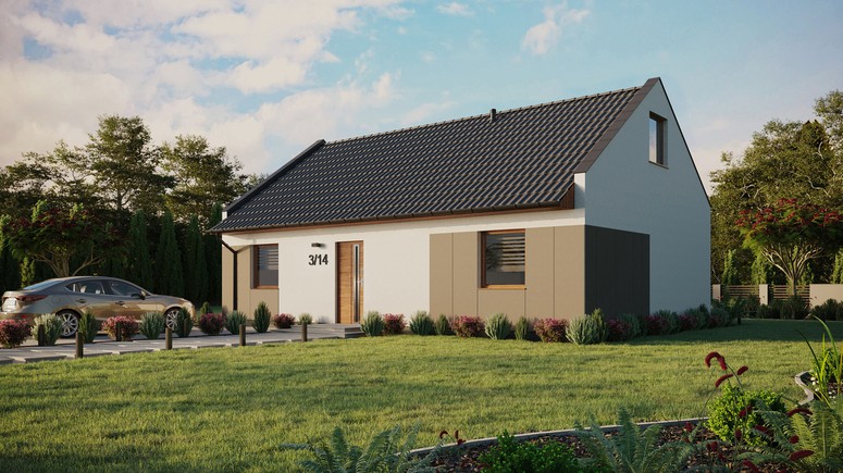 ERDOL 2 XL - Version Links (Wohnzimmer auf der linken Seite) - Modernes Satteldach mit ausgebautem Dachboden -Dachneigung  35 Grad - Keine Dachfenster - Standard - Styropor, Netz, Kleber - Goldene Eiche - Ohne