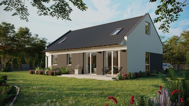 ERDOL 2 XL - Version Links (Wohnzimmer auf der linken Seite) - Modernes Satteldach mit ausgebautem Dachboden -Dachneigung  35 Grad - Zwei-Zimmer-Dachfenster - Balkontür im Esszimmer - Styropor, Netz, Kleber - Weiß - Ohne