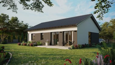 ERDOL 2 XL - Version Links (Wohnzimmer auf der linken Seite) - Satteldach ohne ausgebautem Dachboden -Dachneigung  25 Grad - Keine Dachfenster - Balkontür im Esszimmer - Styropor, Netz, Kleber - Anthrazit - Ohne