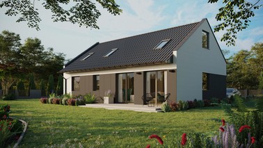 ERDOL 2 XL - Version Links (Wohnzimmer auf der linken Seite) - Modernes Satteldach mit ausgebautem Dachboden -Dachneigung  35 Grad - Zwei Zimmer-Dachfenster und ein Badezimmer-Dachfenster - Standard - Styropor, Netz, Kleber - Anthrazit - Ohne