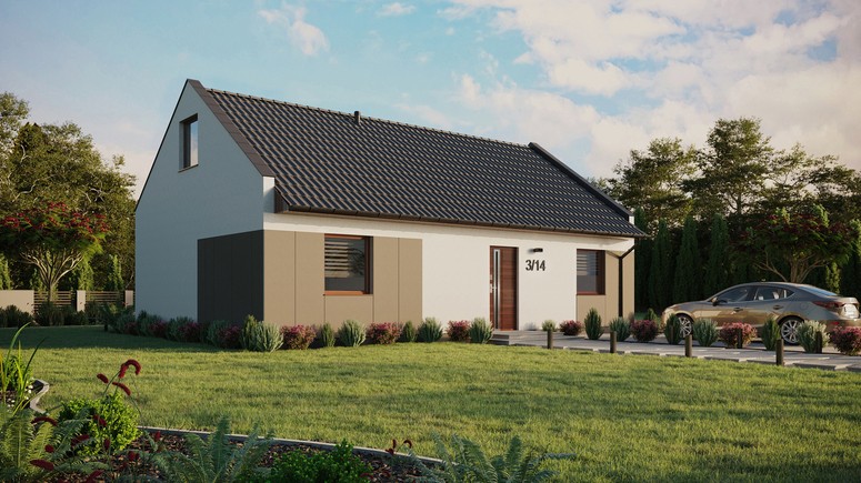 ERDOL 2 XL - Version Rechts (Wohnzimmer auf der rechten Seite) - Modernes Satteldach mit ausgebautem Dachboden -Dachneigung  35 Grad - Keine Dachfenster - Standard - Styropor, Netz, Kleber - Nusbaum - Ohne