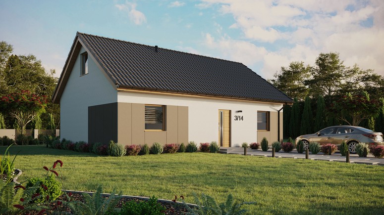 ERDOL 2 XL - Version Rechts (Wohnzimmer auf der rechten Seite) - Satteldach mit ausgebautem Dachboden -Dachneigung  35 Grad - Keine Dachfenster - Standard - Styropor, Netz, Kleber - Winchester - Ohne