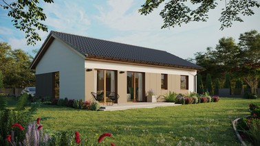 ERDOL 2 XL - Version Rechts (Wohnzimmer auf der rechten Seite) - Satteldach ohne ausgebautem Dachboden -Dachneigung  25 Grad - Keine Dachfenster - Balkontür im Esszimmer - Styropor, Netz, Kleber - Goldene Eiche - Ohne