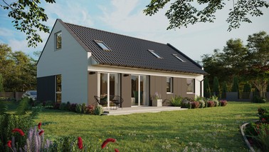 ERDOL 2 XL - Version Rechts (Wohnzimmer auf der rechten Seite) - Modernes Satteldach mit ausgebautem Dachboden -Dachneigung  35 Grad - Zwei Zimmer-Dachfenster und ein Badezimmer-Dachfenster - Balkontür im Esszimmer - Styropor, Netz, Kleber - Weiß - Ohne