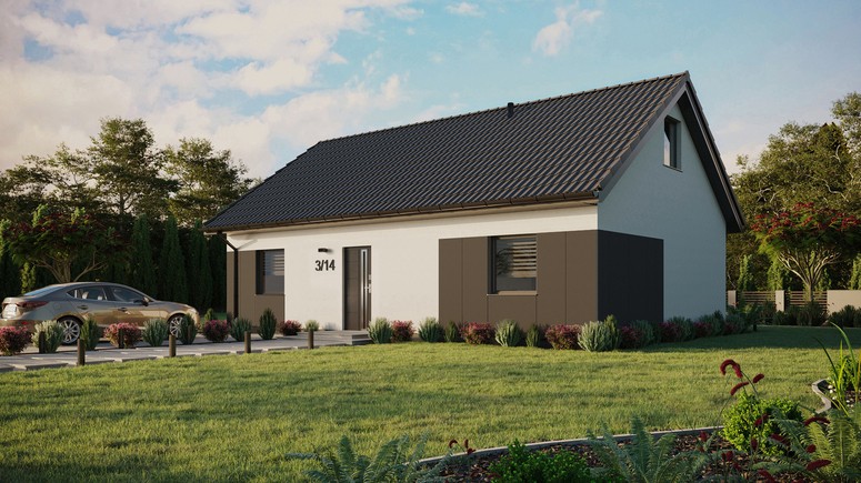 ERDOL 2 XL - Version Links (Wohnzimmer auf der linken Seite) - Satteldach mit ausgebautem Dachboden -Dachneigung  35 Grad - Keine Dachfenster - Standard - Styropor, Netz, Kleber - Anthrazit - Ohne