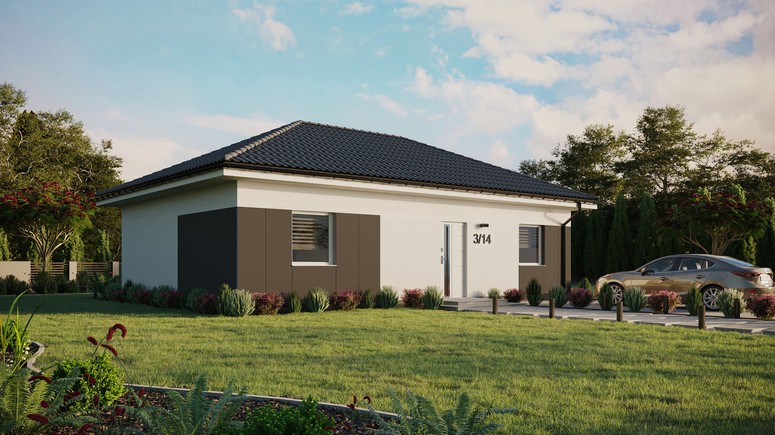 ERDOL 2 XL - Version Rechts (Wohnzimmer auf der rechten Seite) - Walmdach ohne ausgebautem Dachboden - Dachneigung 25 Grad - Keine Dachfenster - Standard - Styropor, Netz, Kleber - Weiß