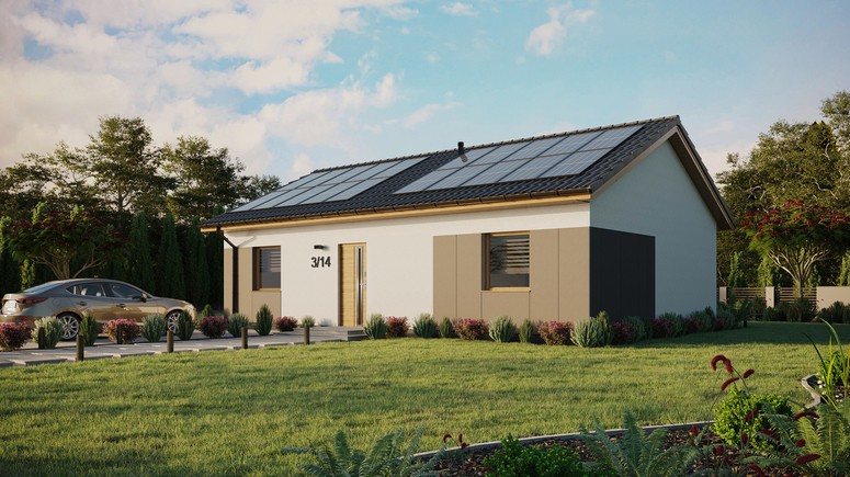 ERDOL 2 XL - Version Links (Wohnzimmer auf der linken Seite) - Satteldach ohne ausgebautem Dachboden -Dachneigung  25 Grad - Keine Dachfenster - Standard - Styropor, Netz, Kleber - Winchester - Photovoltaik-Installation 8 kWp (20 Paneele)