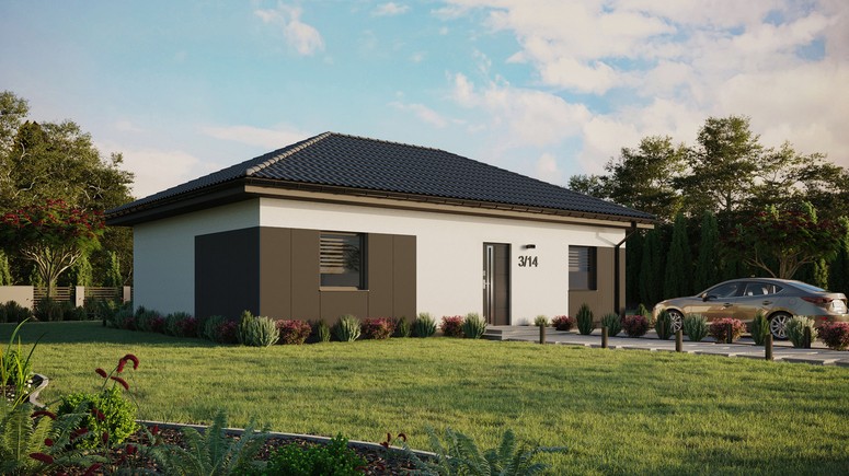 ERDOL 2 XL - Version Rechts (Wohnzimmer auf der rechten Seite) - Walmdach ohne ausgebautem Dachboden - Dachneigung 25 Grad - Keine Dachfenster - Standard - Styropor, Netz, Kleber - Anthrazit