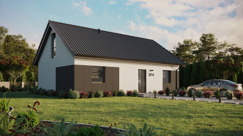 ERDOL 2 XL - Version Rechts (Wohnzimmer auf der rechten Seite) - Satteldach mit ausgebautem Dachboden -Dachneigung  35 Grad - Keine Dachfenster - Balkontür im Esszimmer und Bodentiefes Fenster im Dachgeschoss - Styropor, Netz, Kleber - Anthrazit - Ohne