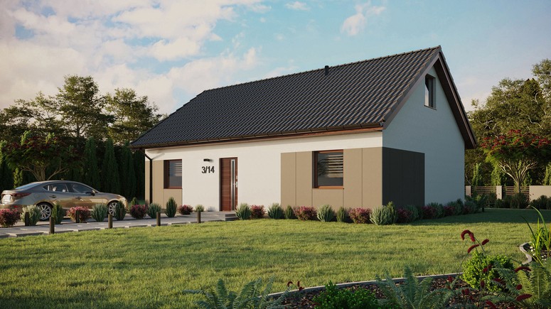 ERDOL 2 XL - Version Links (Wohnzimmer auf der linken Seite) - Satteldach mit ausgebautem Dachboden -Dachneigung  35 Grad - Keine Dachfenster - Standard - Styropor, Netz, Kleber - Nusbaum - Ohne