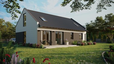 ERDOL 2 XL - Version Rechts (Wohnzimmer auf der rechten Seite) - Modernes Satteldach mit ausgebautem Dachboden -Dachneigung  35 Grad - Zwei-Zimmer-Dachfenster - Balkontür im Esszimmer und Bodentiefes Fenster im Dachgeschoss - Styropor, Netz, Kleber - Anthrazit - Ohne