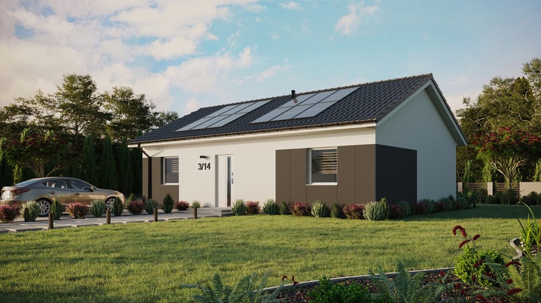 ERDOL 2 XL - Version Links (Wohnzimmer auf der linken Seite) - Satteldach ohne ausgebautem Dachboden -Dachneigung  25 Grad - Keine Dachfenster - Standard - Styropor, Netz, Kleber - Weiß - Photovoltaik-Installation 4,8 kWp (12 Paneele)