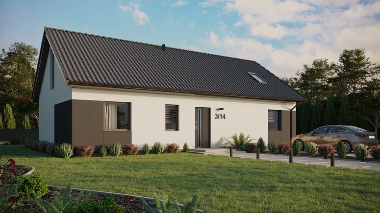 ERDOL 3 XL - Version Rechts (Wohnzimmer auf der rechten Seite) - Satteldach mit ausgebautem Dachboden -Dachneigung  35 Grad - Dachfenster für Zimmer und Badezimmer - Balkontür im Esszimmer und Bodentiefes Fenster im Dachgeschoss - Styropor, Netz, Kleber - Anthrazit - Ohne