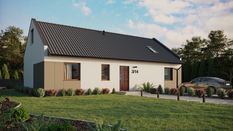 ERDOL 3 XL - Version Rechts (Wohnzimmer auf der rechten Seite) - Modernes Satteldach mit ausgebautem Dachboden -Dachneigung  35 Grad - Dachfenster für Zimmer und Badezimmer - Standard - Styropor, Netz, Kleber - Nusbaum - Ohne