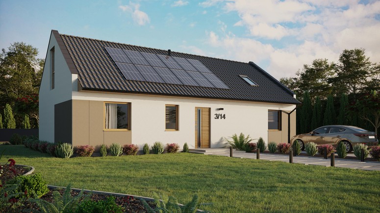 ERDOL 3 XL - Version Rechts (Wohnzimmer auf der rechten Seite) - Modernes Satteldach mit ausgebautem Dachboden -Dachneigung  35 Grad - Dachfenster für Zimmer und Badezimmer - Balkontür im Esszimmer und Bodentiefes Fenster im Dachgeschoss - Styropor, Netz, Kleber - Winchester - Photovoltaik-Installation 4,8 kWp (12 Paneele)