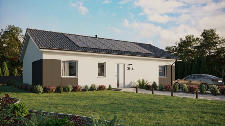 ERDOL 3 XL - Version Rechts (Wohnzimmer auf der rechten Seite) - Satteldach ohne ausgebautem Dachboden -Dachneigung  25 Grad - keine Dachfenster - Standard - Styropor, Netz, Kleber - Weiß - Photovoltaik-Installation 6,4 kWp (16 Paneele)