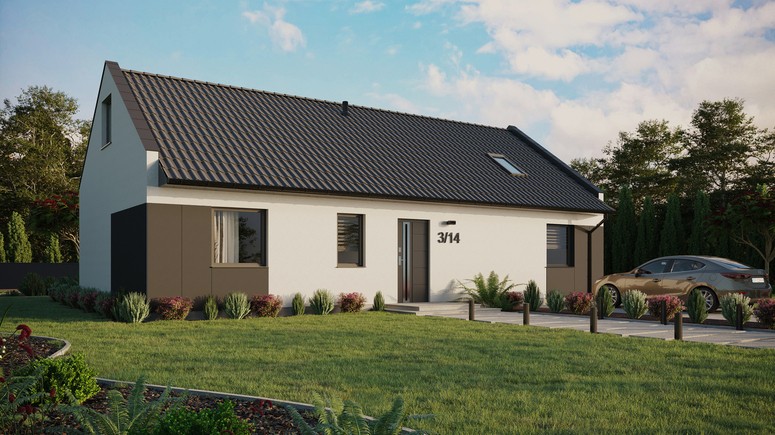 ERDOL 3 XL - Version Rechts (Wohnzimmer auf der rechten Seite) - Modernes Satteldach mit ausgebautem Dachboden -Dachneigung  35 Grad - Dachfenster für Zimmer und Badezimmer - Standard - Styropor, Netz, Kleber - Anthrazit - Ohne