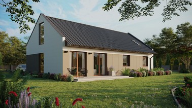 ERDOL 3 XL - Version Rechts (Wohnzimmer auf der rechten Seite) - Modernes Satteldach mit ausgebautem Dachboden -Dachneigung  35 Grad - Dachfenster für Zimmer und Badezimmer - Balkontür im Esszimmer und Bodentiefes Fenster im Dachgeschoss - Styropor, Netz, Kleber - Nusbaum - Ohne