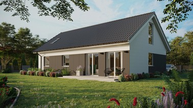 ERDOL 3 XL - Version Links (Wohnzimmer auf der linken Seite) - Satteldach mit ausgebautem Dachboden -Dachneigung  35 Grad - Zwei Zimmer-Dachfenster und ein Badezimmer-Dachfenster - Bodentiefes Fenster im Dachgeschoss - Styropor, Netz, Kleber - Weiß - Ohne