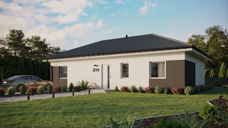 ERDOL 3 XL - Version Links (Wohnzimmer auf der linken Seite) - Walmdach ohne ausgebautem Dachboden - Dachneigung 25 Grad - keine Dachfenster - Balkontür im Esszimmer - Styropor, Netz, Kleber - Weiß