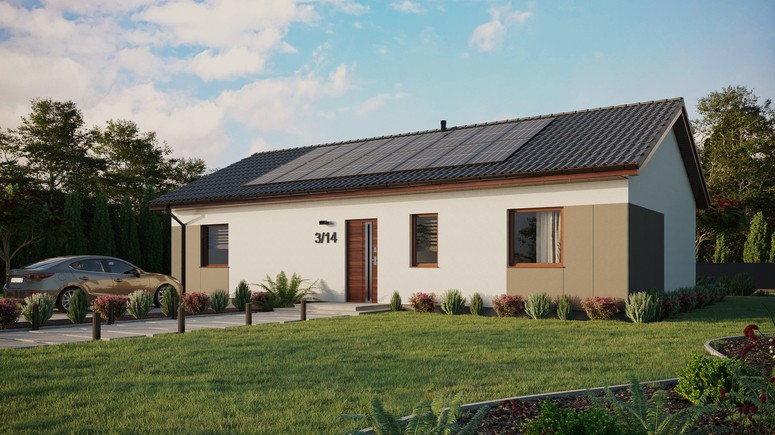 ERDOL 3 XL - Version Links (Wohnzimmer auf der linken Seite) - Satteldach ohne ausgebautem Dachboden -Dachneigung  25 Grad - keine Dachfenster - Standard - Styropor, Netz, Kleber - Nusbaum - Photovoltaik-Installation 6,4 kWp (16 Paneele)