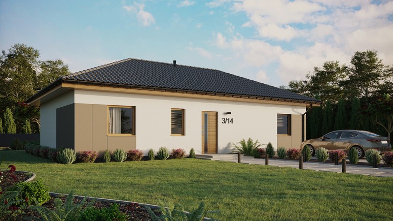 ERDOL 3 XL - Version Rechts (Wohnzimmer auf der rechten Seite) - Walmdach ohne ausgebautem Dachboden - Dachneigung 25 Grad - keine Dachfenster - Standard - Styropor, Netz, Kleber - Winchester