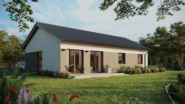 ERDOL 3 XL - Version Rechts (Wohnzimmer auf der rechten Seite) - Satteldach ohne ausgebautem Dachboden -Dachneigung  25 Grad - keine Dachfenster - Balkontür im Esszimmer - Styropor, Netz, Kleber - Nusbaum - Ohne