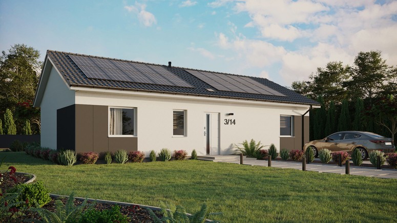 ERDOL 3 XL - Version Rechts (Wohnzimmer auf der rechten Seite) - Satteldach ohne ausgebautem Dachboden -Dachneigung  25 Grad - Starres Tunneldachfenster - Standard - Styropor, Netz, Kleber - Weiß - Photovoltaik-Installation 8 kWp (20 Paneele)