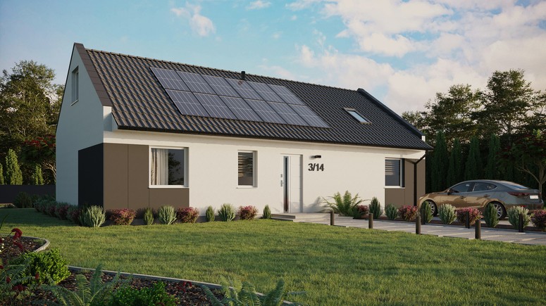 ERDOL 3 XL - Version Rechts (Wohnzimmer auf der rechten Seite) - Modernes Satteldach mit ausgebautem Dachboden -Dachneigung  35 Grad - Dachfenster für Zimmer und Badezimmer - Standard - Styropor, Netz, Kleber - Weiß - Photovoltaik-Installation 4,8 kWp (12 Paneele)