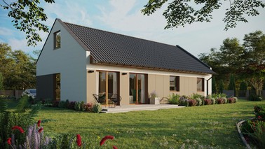 ERDOL 3 XL - Version Rechts (Wohnzimmer auf der rechten Seite) - Modernes Satteldach mit ausgebautem Dachboden -Dachneigung  35 Grad - keine Dachfenster - Balkontür im Esszimmer - Styropor, Netz, Kleber - Goldene Eiche - Ohne